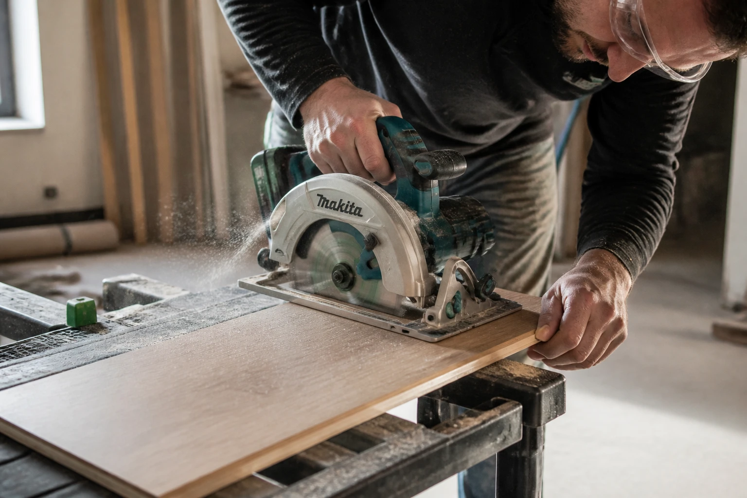 Artisan coupant une lame de parquet stratifié à la scie circulaire sur un support stable en atelier