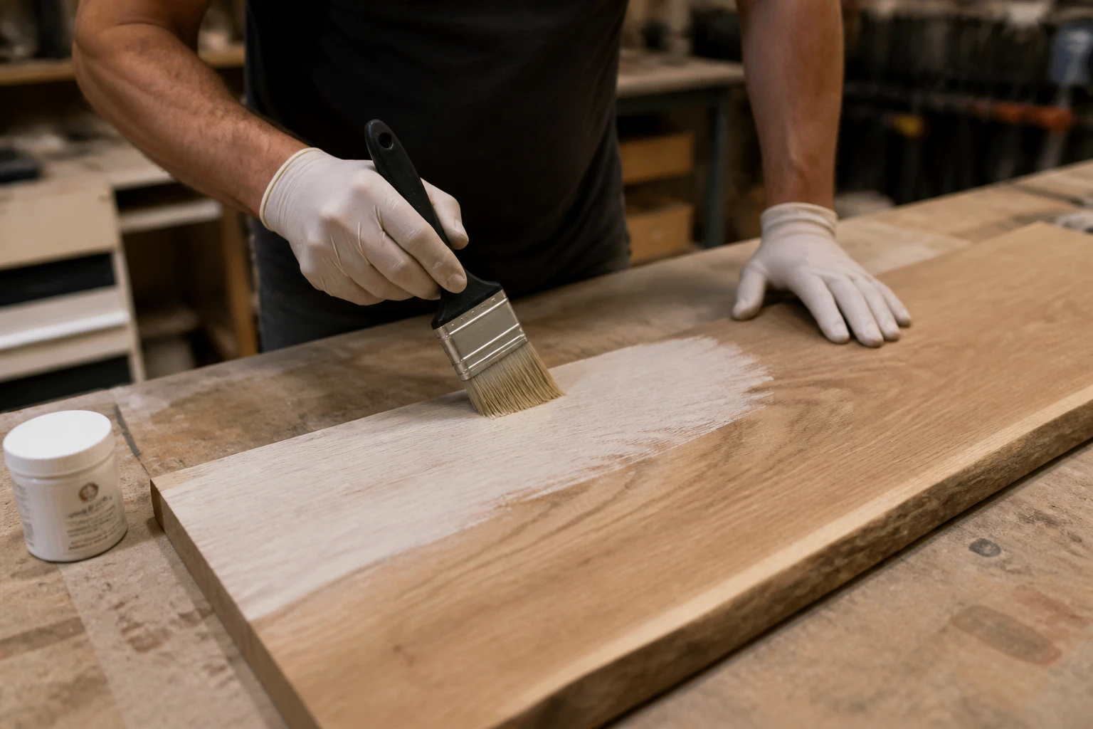 Application au pinceau d'un produit éclaircissant sur une planche de chêne brut en atelier