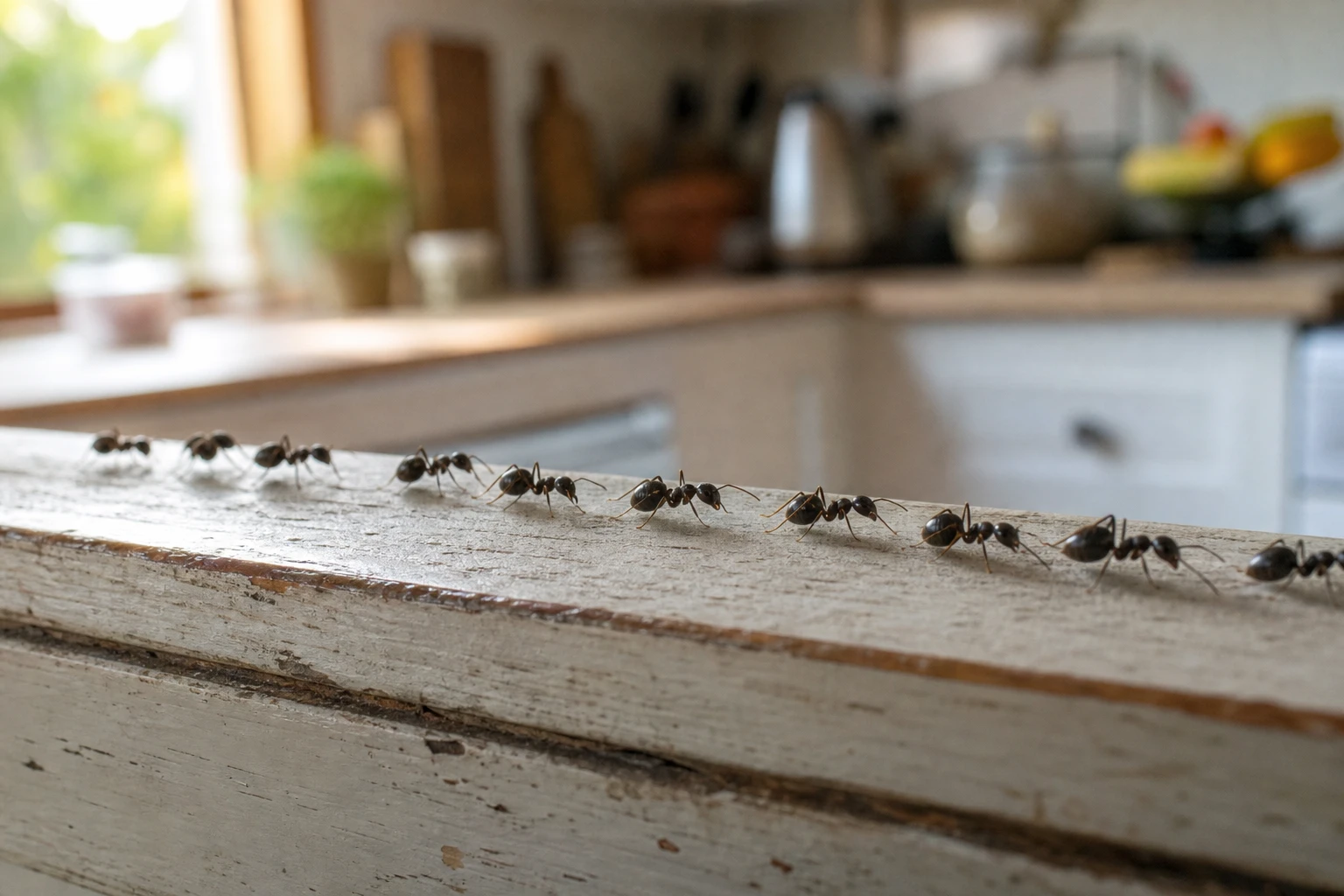 Ligne de fourmis traversant un rebord de fenêtre en bois dans une maison