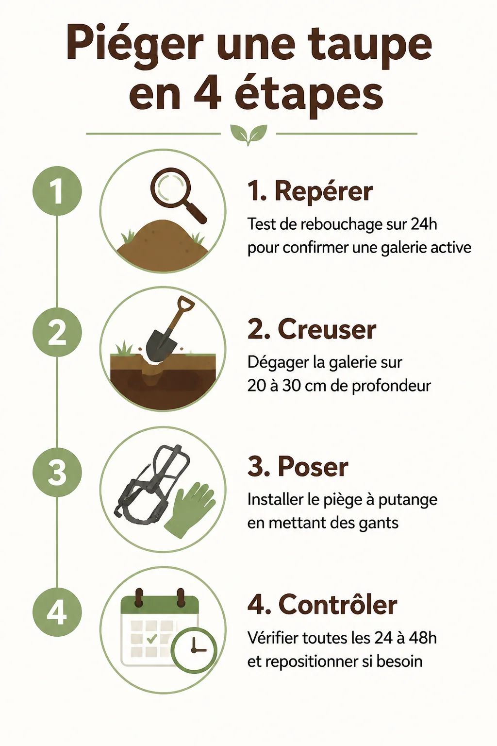 Piéger une taupe en 4 étapes : 1. Repérer, 2. Creuser, 3. Poser, 4. Contrôler
