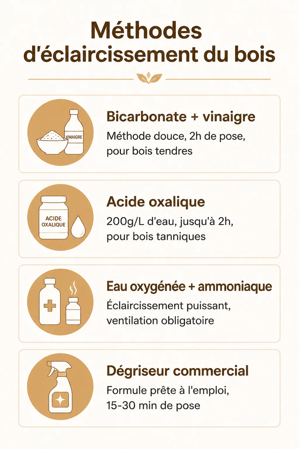 Méthodes d'éclaircissement du bois : Bicarbonate + vinaigre, Acide oxalique, Eau oxygénée + ammoniaque, Dégriseur commercial