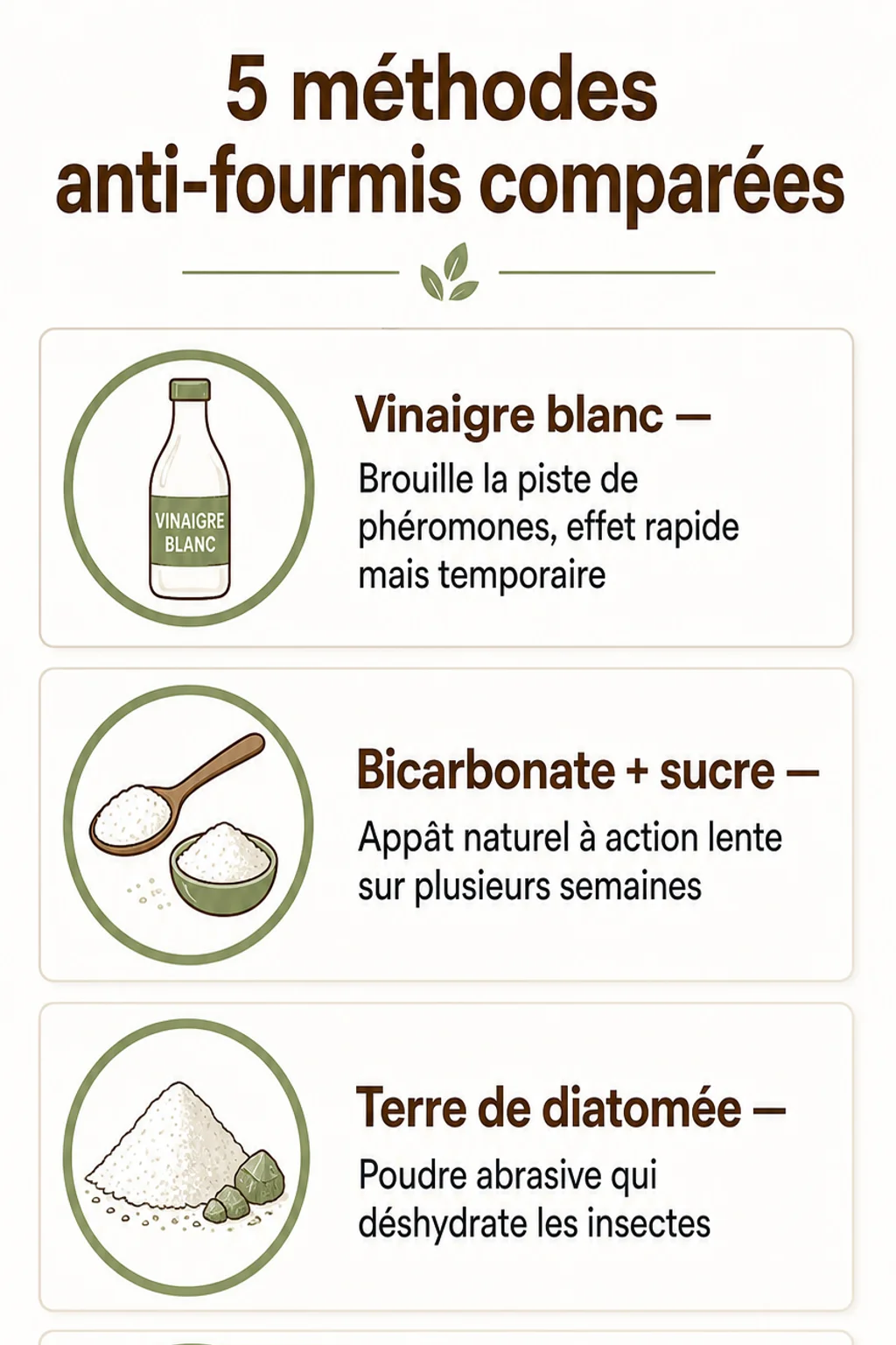 5 méthodes anti-fourmis comparées : Vinaigre blanc, Bicarbonate + sucre, Terre de diatomée, Gel insecticide, Acide borique