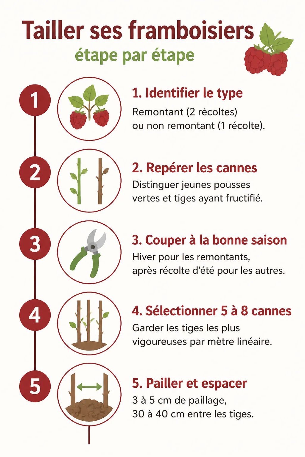 Tailler ses framboisiers étape par étape : 1. Identifier le type, 2. Repérer les cannes, 3. Couper à la bonne saison, 4. Sélectionner 5 à 8 cannes, 5. Pailler et espacer