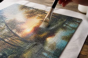 Application de colle au pinceau sur un puzzle terminé posé sur du papier ciré