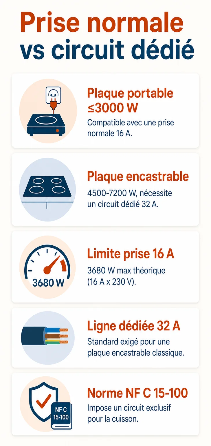 Prise normale vs circuit dédié : Plaque portable ≤3000 W, Plaque encastrable, Limite prise 16 A, Ligne dédiée 32 A, Norme NF C 15-100