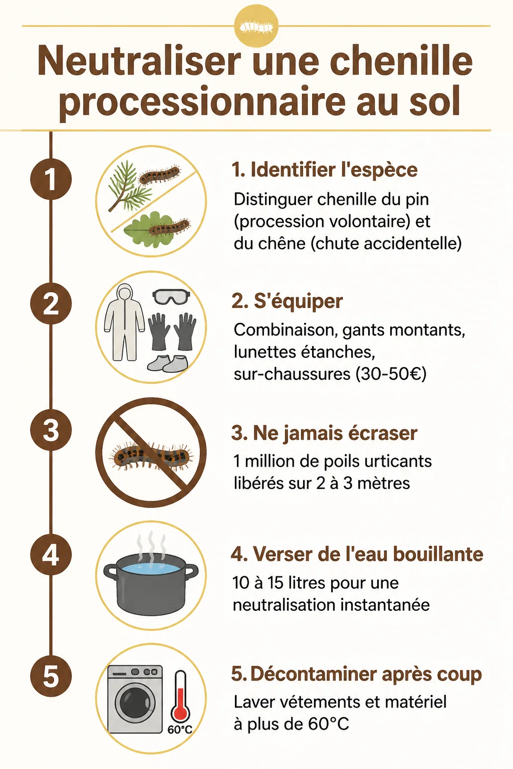 Neutraliser une chenille processionnaire au sol : 1. Identifier l'espèce, 2. S'équiper, 3. Ne jamais écraser, 4. Verser de l'eau bouillante, 5. Décontaminer après coup