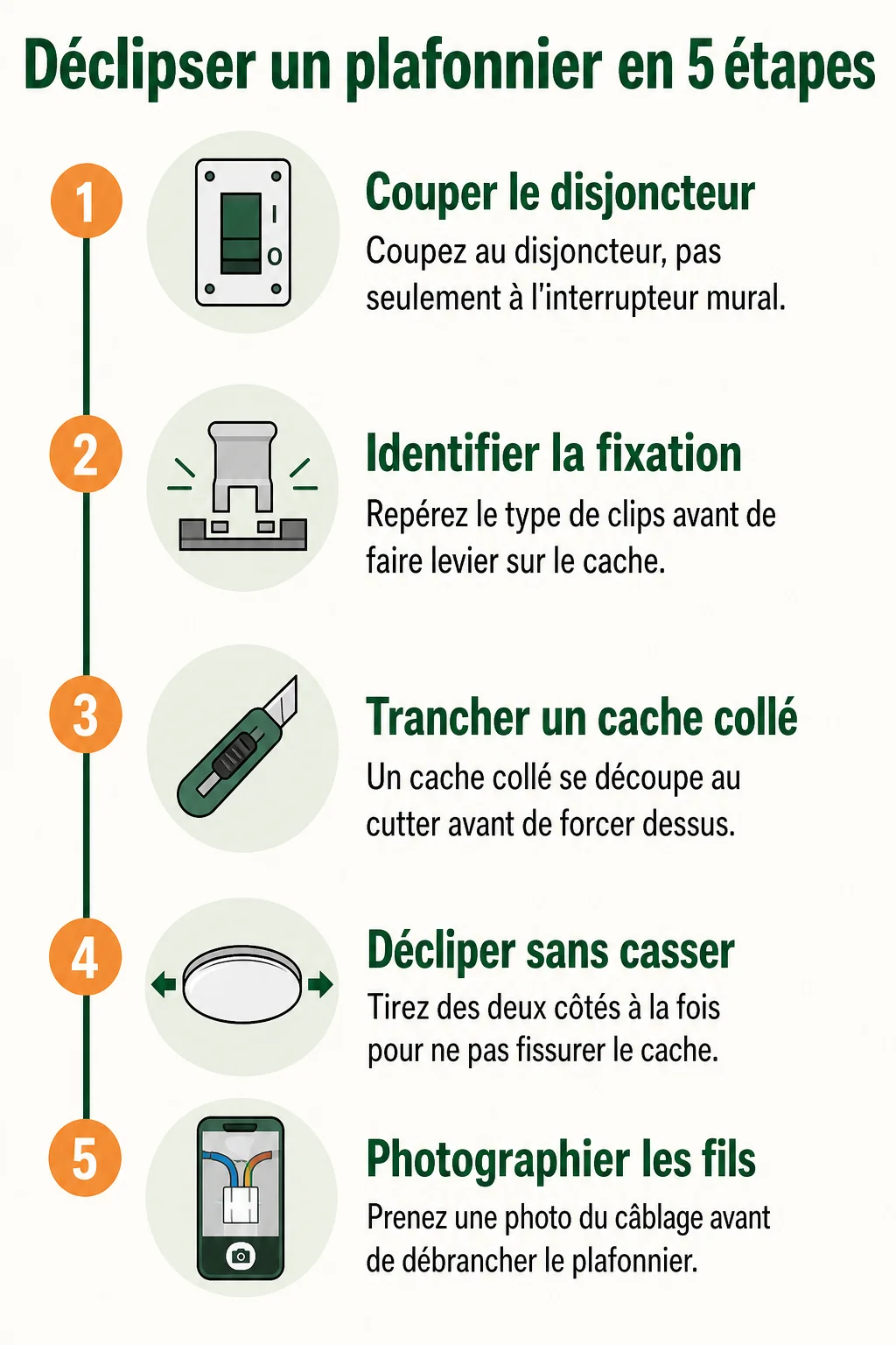 Déclipser un plafonnier en 5 étapes : 1. Couper le disjoncteur, 2. Identifier la fixation, 3. Trancher un cache collé, 4. Décliper sans casser, 5. Photographier les fils