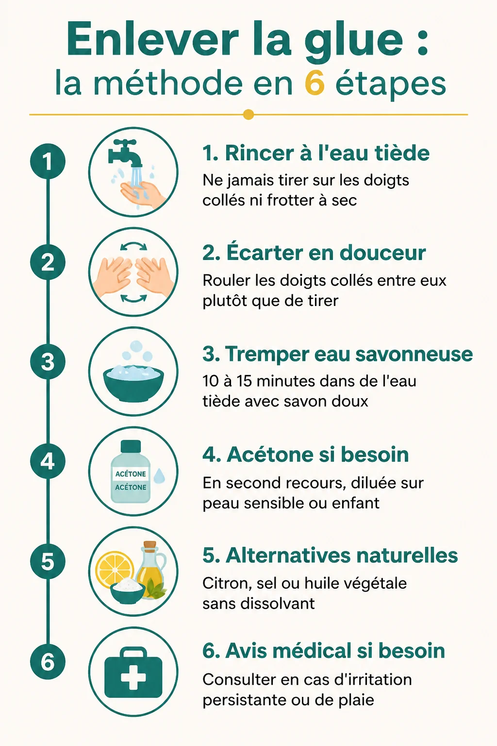 Enlever la glue : la méthode en 6 étapes : 1. Rincer à l'eau tiède, 2. Écarter en douceur, 3. Tremper eau savonneuse, 4. Acétone si besoin, 5. Alternatives naturelles, 6. Avis médical si besoin