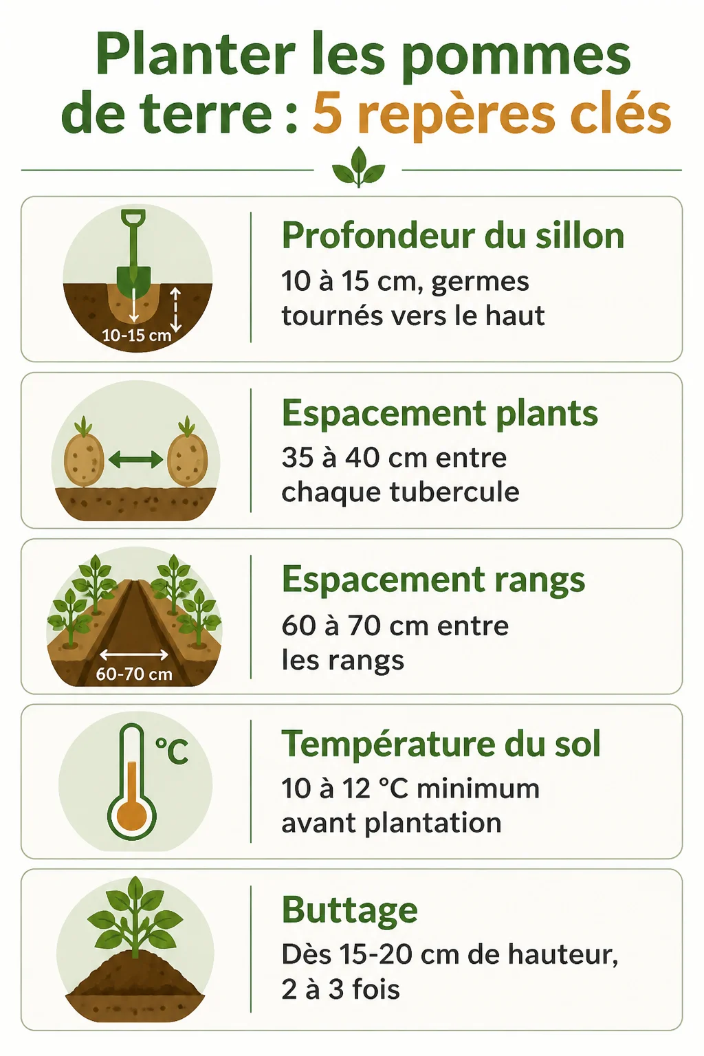 Planter les pommes de terre : 5 repères clés : Profondeur du sillon, Espacement plants, Espacement rangs, Température du sol, Buttage
