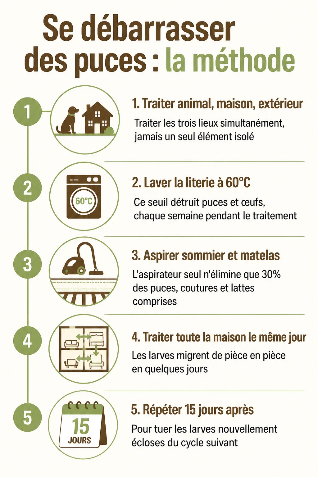 Se débarrasser des puces : la méthode : 1. Traiter animal, maison, extérieur, 2. Laver la literie à 60°C, 3. Aspirer sommier et matelas, 4. Traiter toute la maison le même jour, 5. Répéter 15 jours après