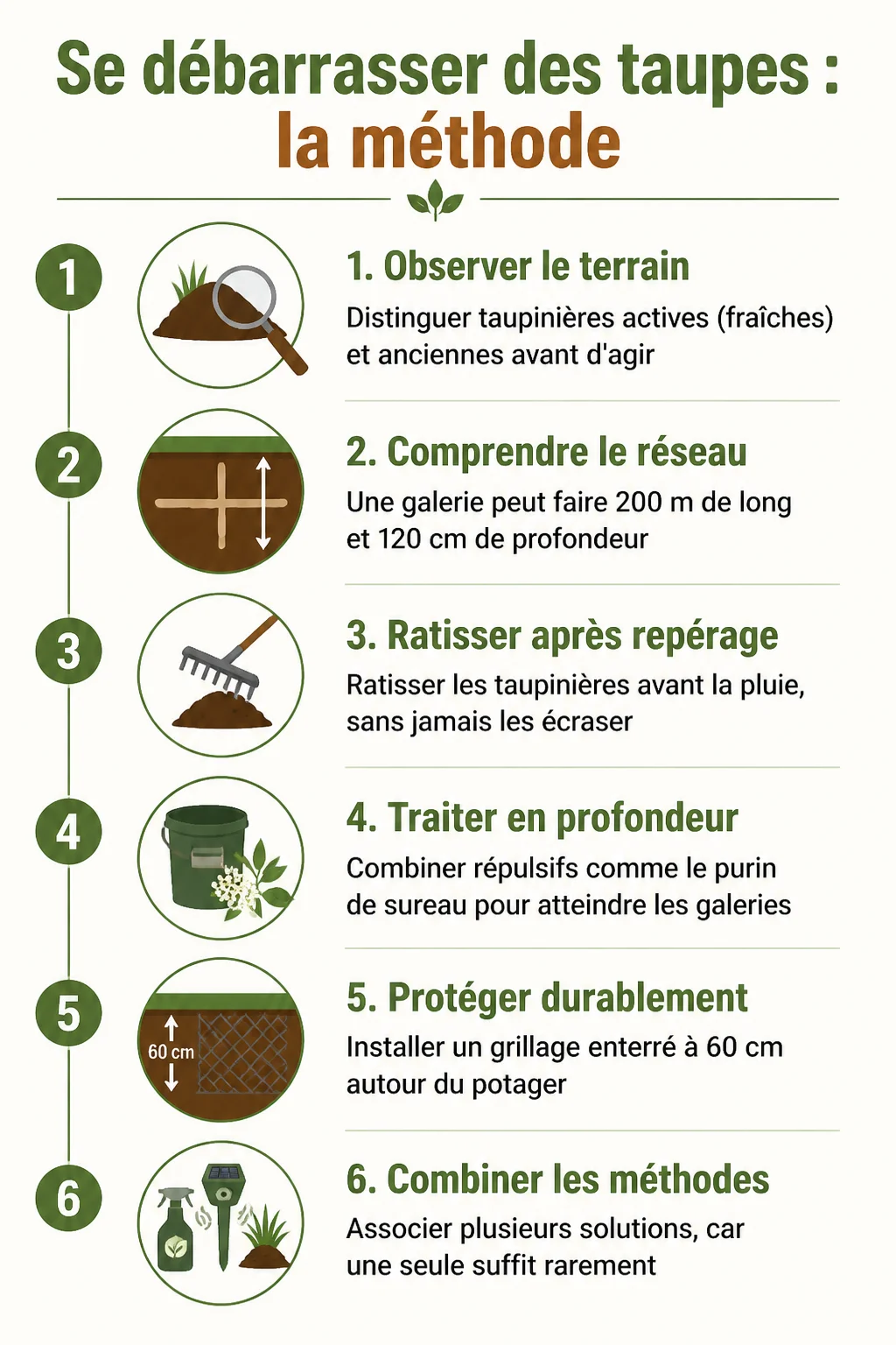 Se débarrasser des taupes : la méthode : 1. Observer le terrain, 2. Comprendre le réseau, 3. Ratisser après repérage, 4. Traiter en profondeur, 5. Protéger durablement, 6. Combiner les méthodes