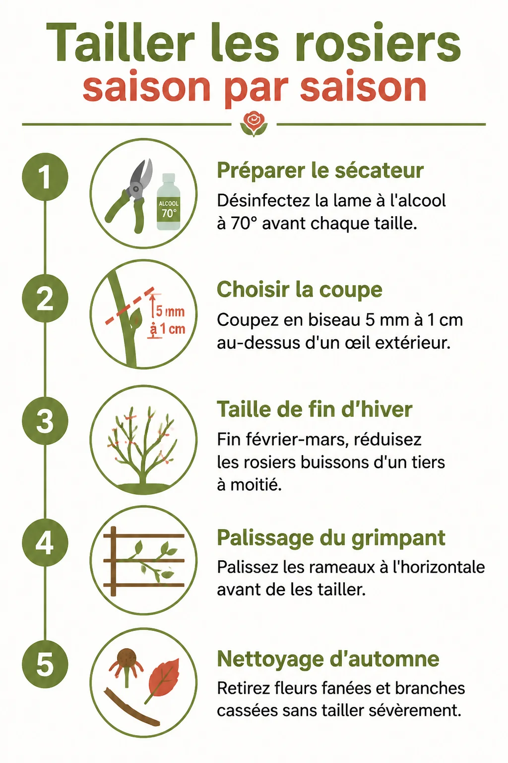 Tailler les rosiers saison par saison : 1. Préparer le sécateur, 2. Choisir la coupe, 3. Taille de fin d'hiver, 4. Palissage du grimpant, 5. Nettoyage d'automne
