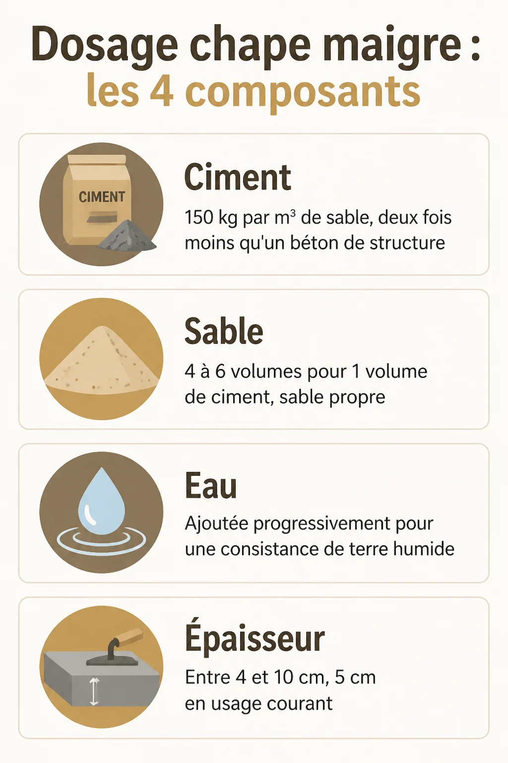 Dosage chape maigre : les 4 composants : Ciment, Sable, Eau, Épaisseur