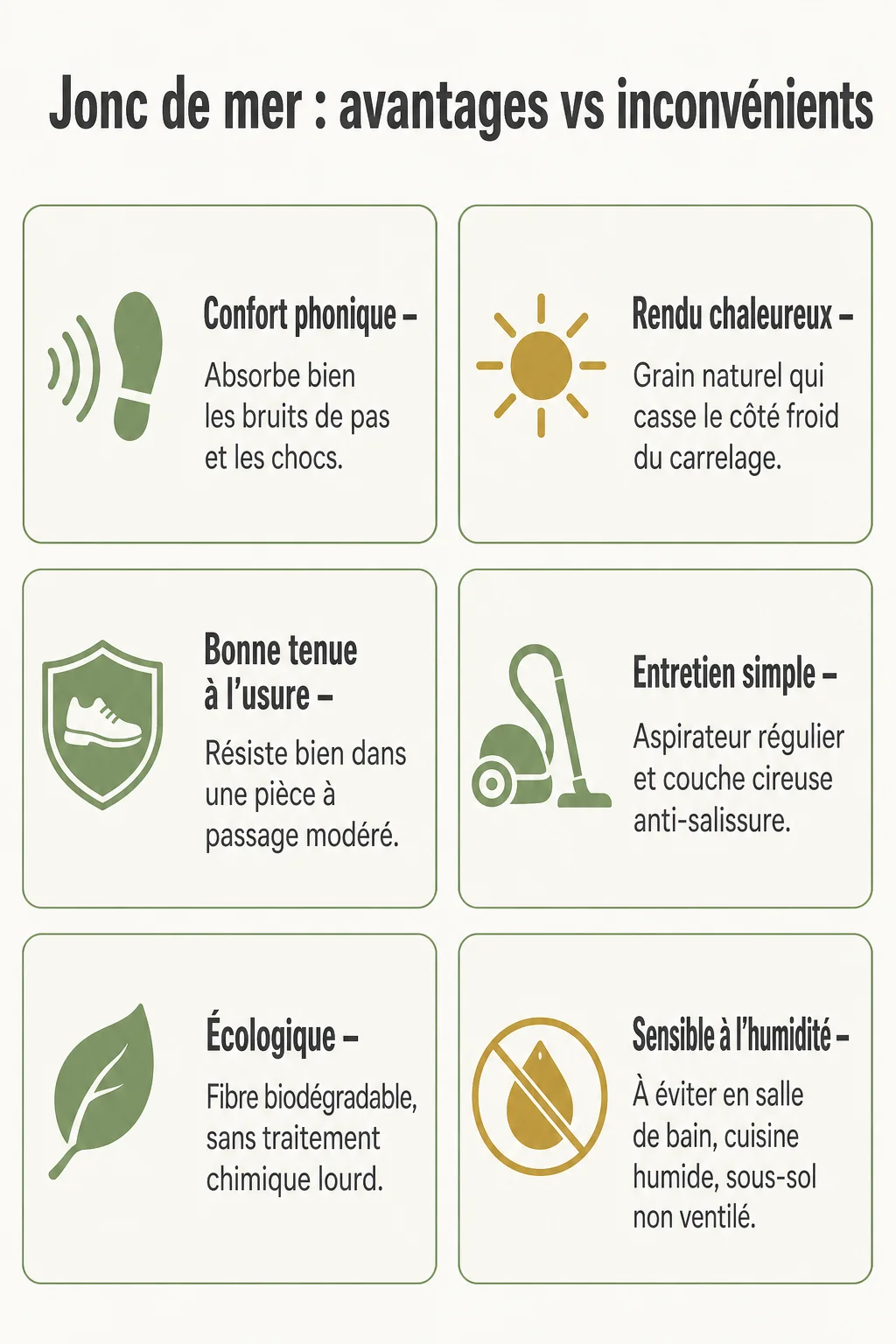 Jonc de mer : avantages vs inconvénients : Confort phonique, Rendu chaleureux, Bonne tenue à l'usure, Entretien simple, Écologique, Sensible à l'humidité
