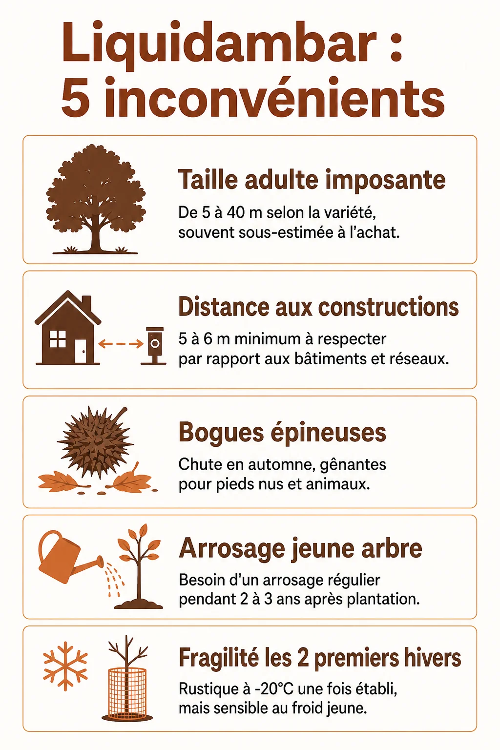 Liquidambar : 5 inconvénients : Taille adulte imposante, Distance aux constructions, Bogues épineuses, Arrosage jeune arbre, Fragilité les 2 premiers hivers