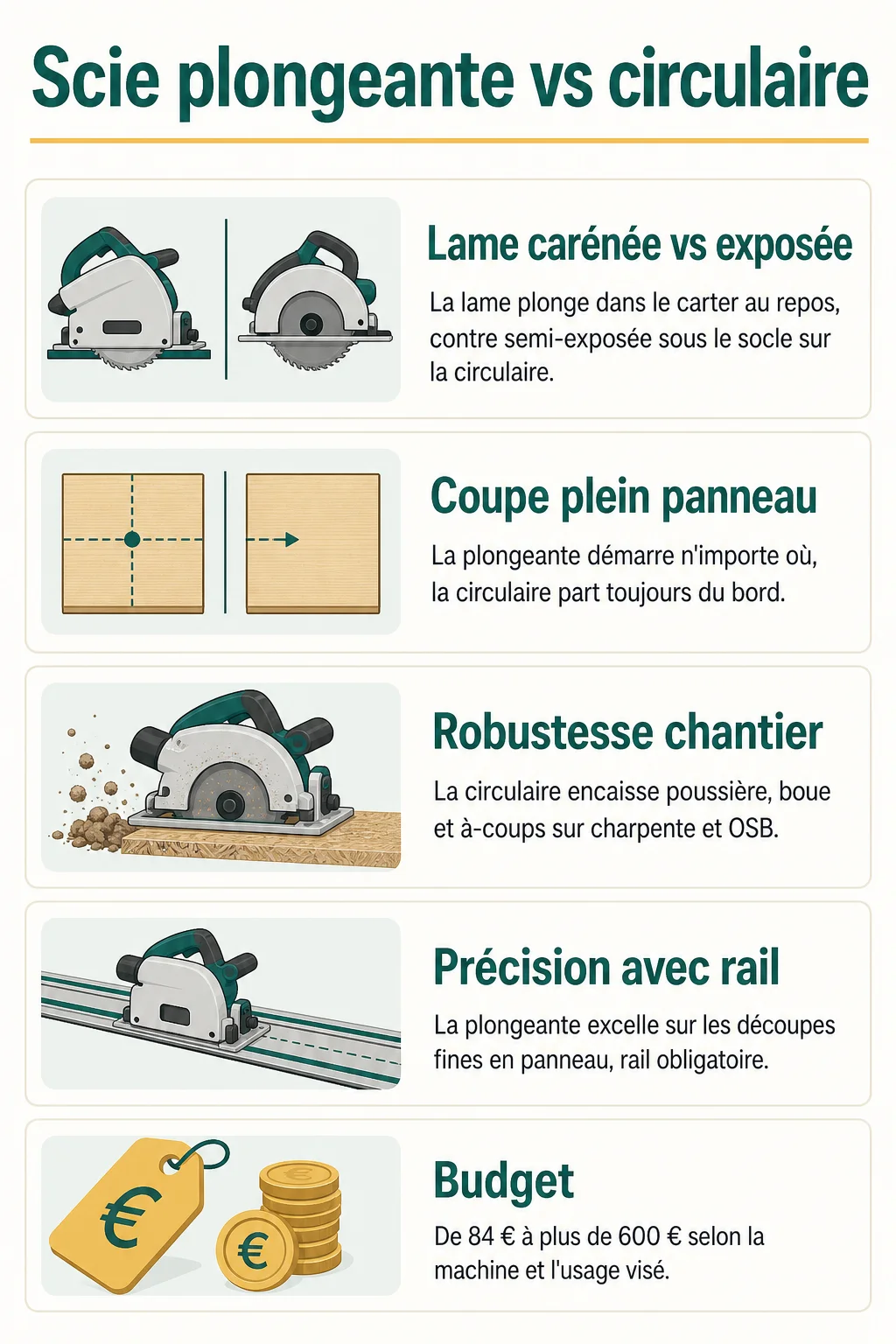 Scie plongeante vs circulaire : Lame carénée vs exposée, Coupe plein panneau, Robustesse chantier, Précision avec rail, Budget