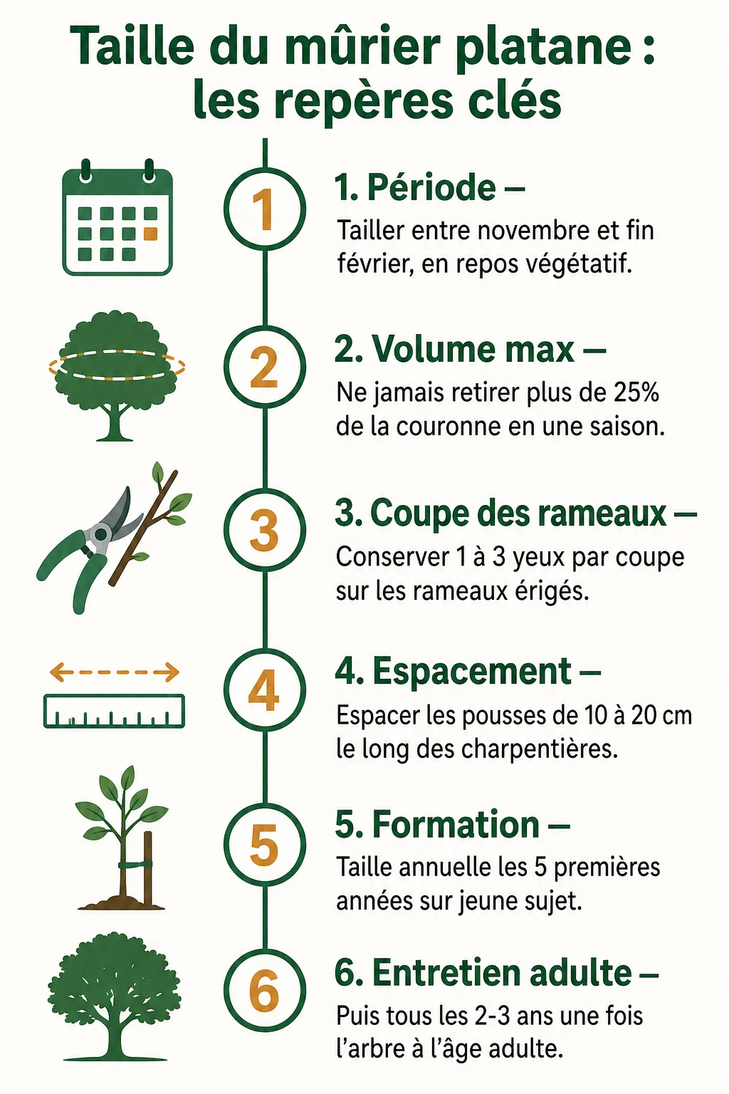 Taille du mûrier platane : les repères clés : 1. Période, 2. Volume max, 3. Coupe des rameaux, 4. Espacement, 5. Formation, 6. Entretien adulte
