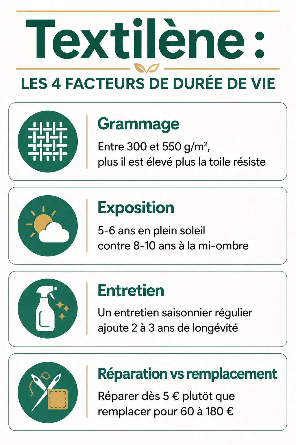 Textilène : les 4 facteurs de durée de vie : Grammage, Exposition, Entretien, Réparation vs remplacement