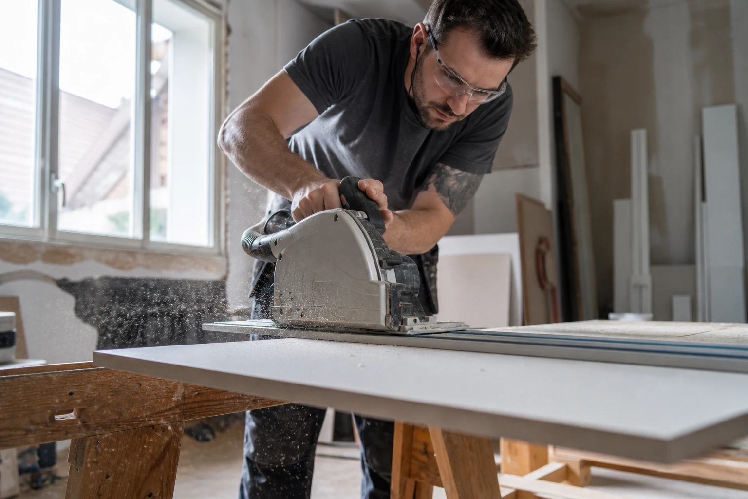 Artisan utilisant une scie plongeante sur rail pour découper un panneau de mélaminé sur un établi