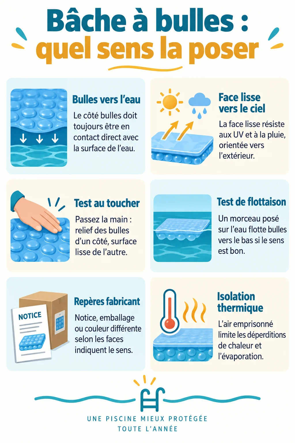 Bâche à bulles : quel sens la poser : Bulles vers l'eau, Face lisse vers le ciel, Test au toucher, Test de flottaison, Repères fabricant, Isolation thermique