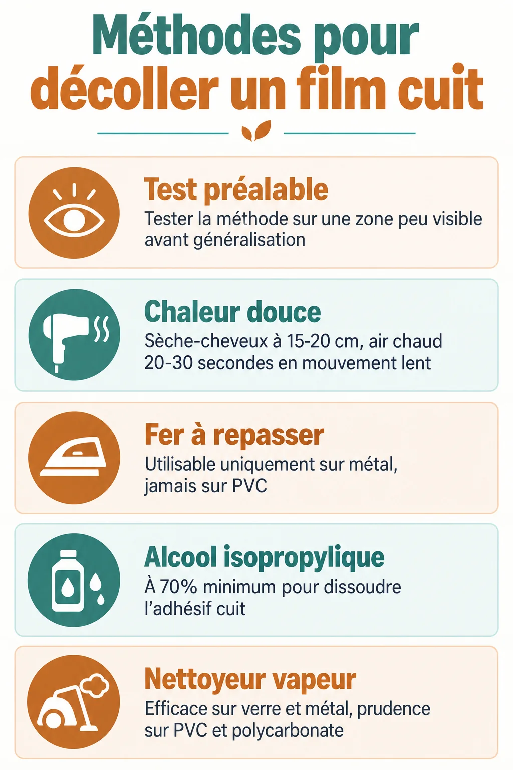 Méthodes pour décoller un film cuit : Test préalable, Chaleur douce, Fer à repasser, Alcool isopropylique, Nettoyeur vapeur