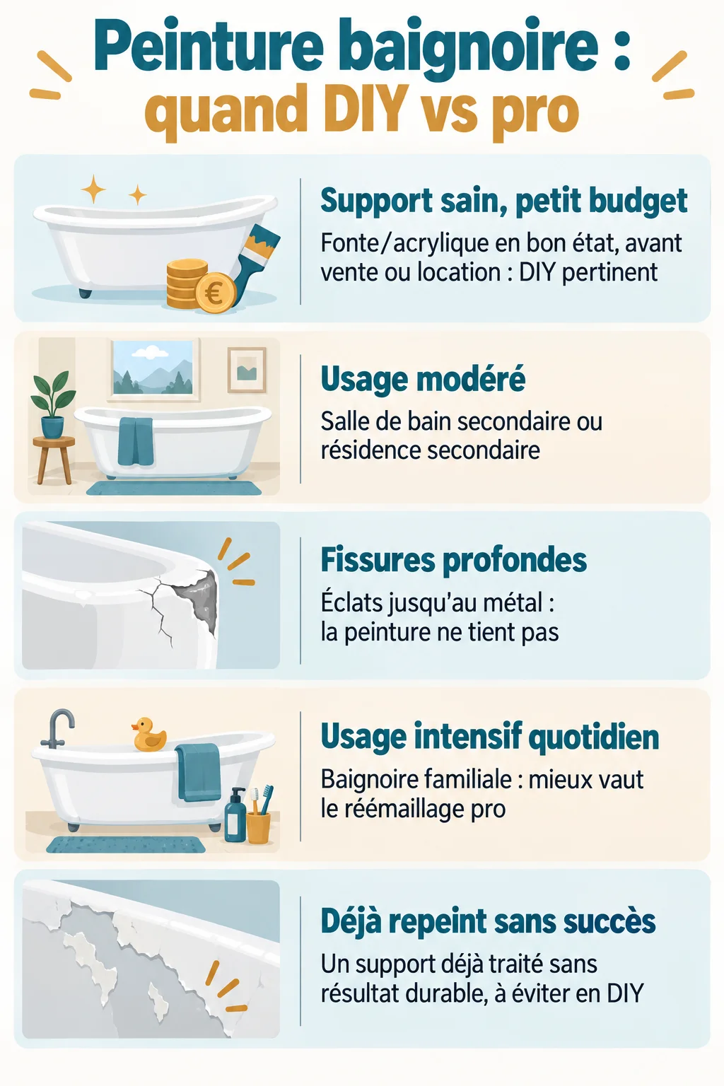 Peinture baignoire : quand DIY vs pro : Support sain, petit budget, Usage modéré, Fissures profondes, Usage intensif quotidien, Déjà repeint sans succès