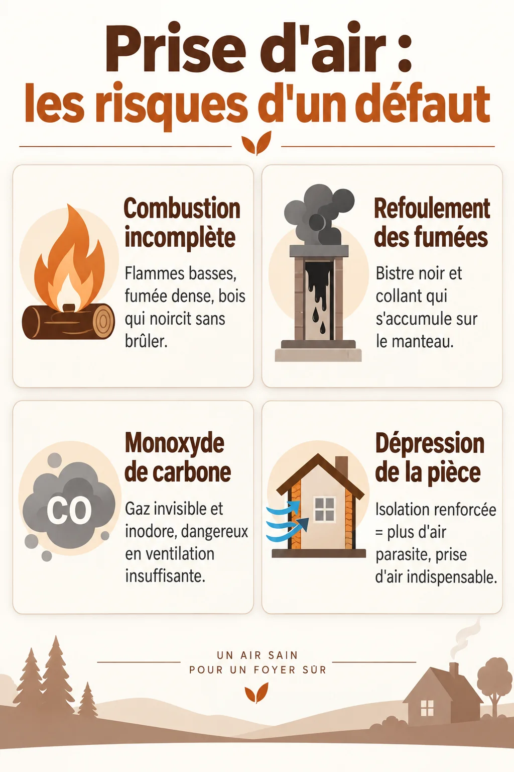 Prise d'air : les risques d'un défaut : Combustion incomplète, Refoulement des fumées, Monoxyde de carbone, Dépression de la pièce