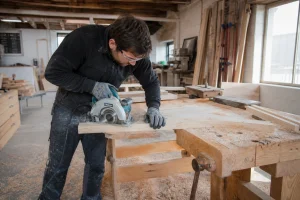 Artisan utilisant une scie circulaire sur un établi en bois dans un atelier