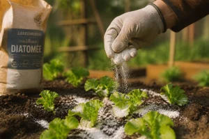 Main gantée saupoudrant de la terre de diatomée autour de plants de salade au jardin